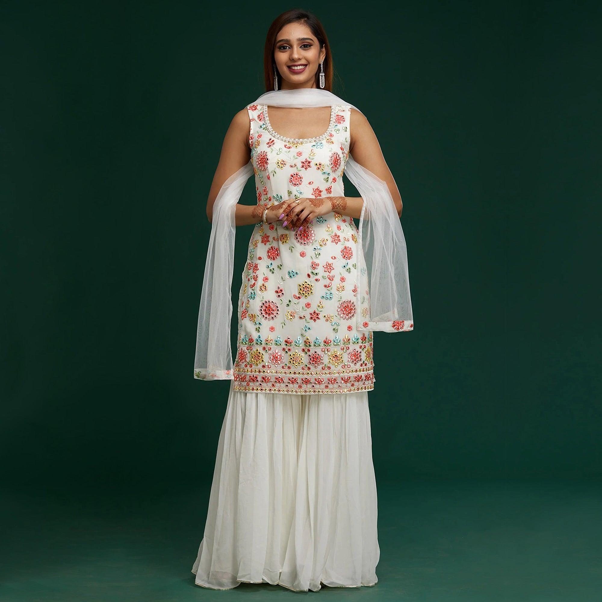 White Floral Embroidered With Mirror Work Georgette Sharara Suit - Peachmode