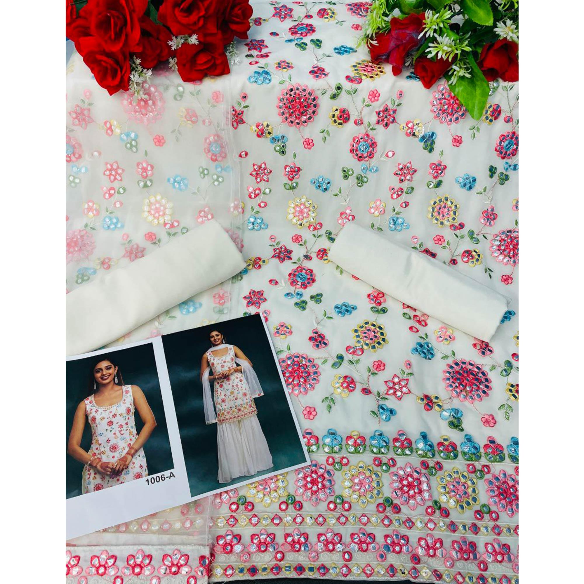 White Floral Embroidered With Mirror Work Georgette Sharara Suit - Peachmode