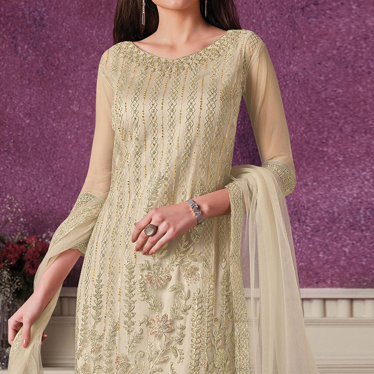 White Floral Embroidery Designer Heavy Butterfly Net Partywear Suit - Peachmode