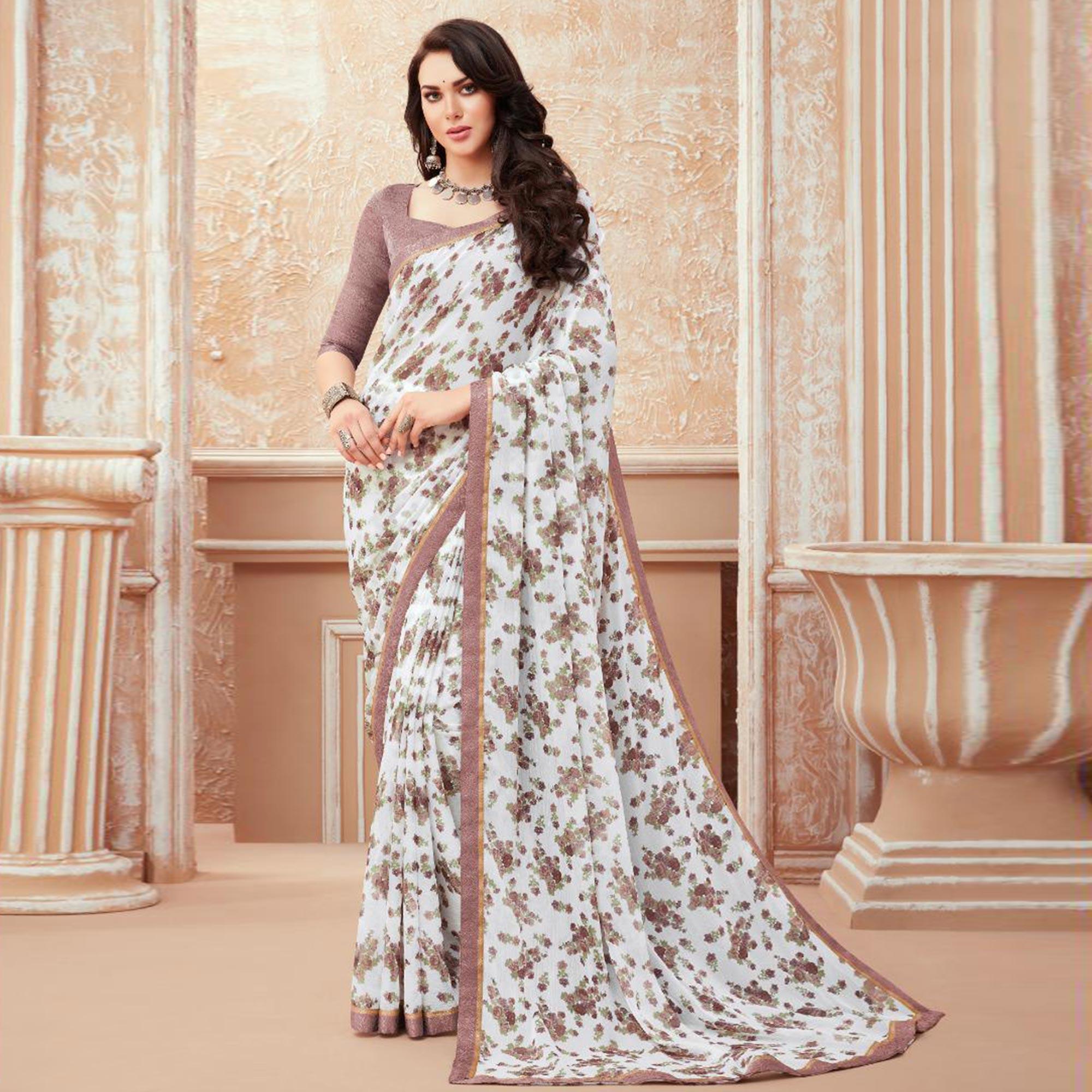 White Floral Printed Chiffon Saree - Peachmode