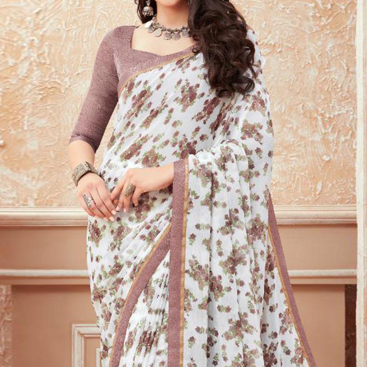 White Floral Printed Chiffon Saree - Peachmode