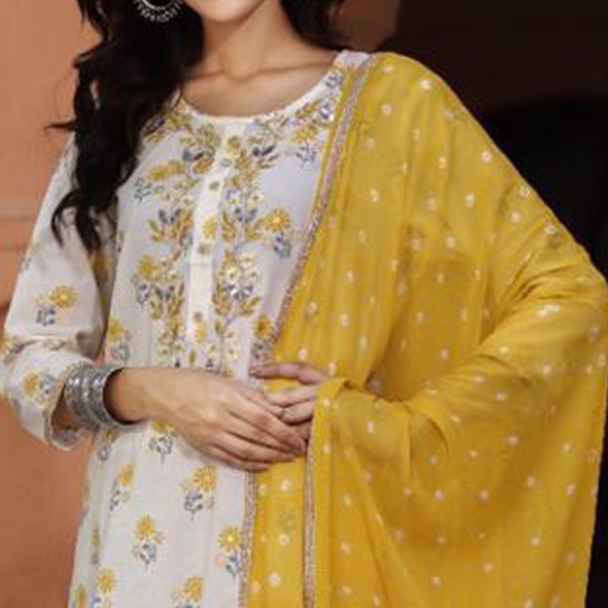 White Floral Printed Pure Cotton Kurti Pant Set With Dupatta - Peachmode