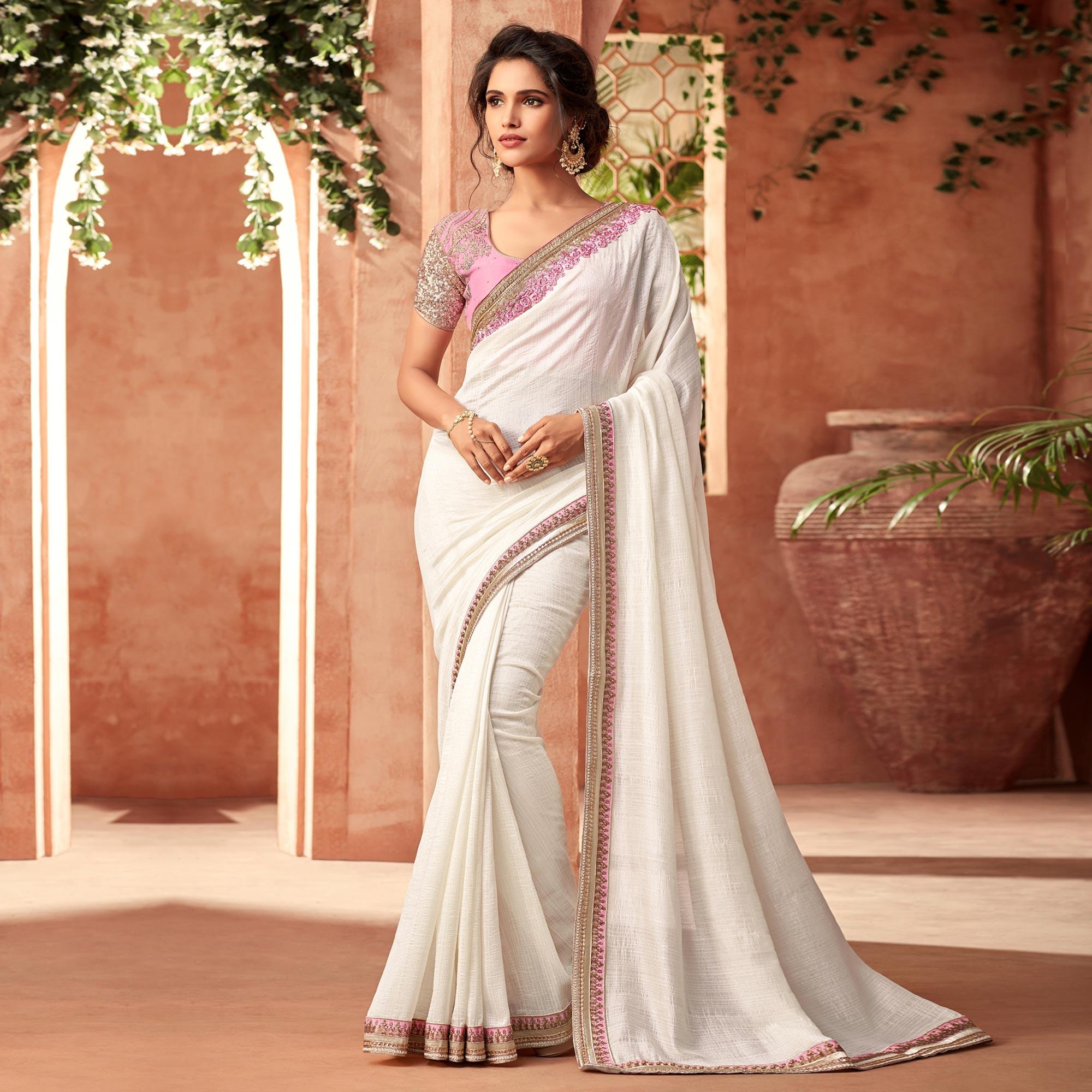 White Floral Sequence Embroidered Georgette Saree - Peachmode