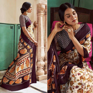 White Foil Digital Printed Poly Cotton Saree - Peachmode