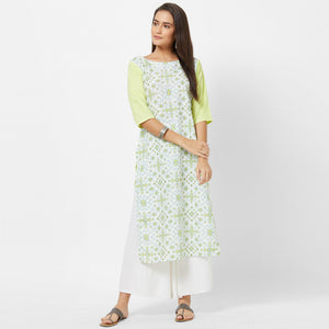 White Geometric Printed Crepe Kurti - Peachmode