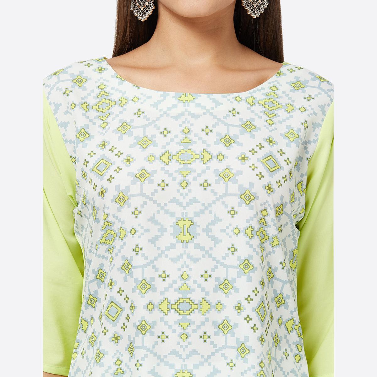 White Geometric Printed Crepe Kurti - Peachmode