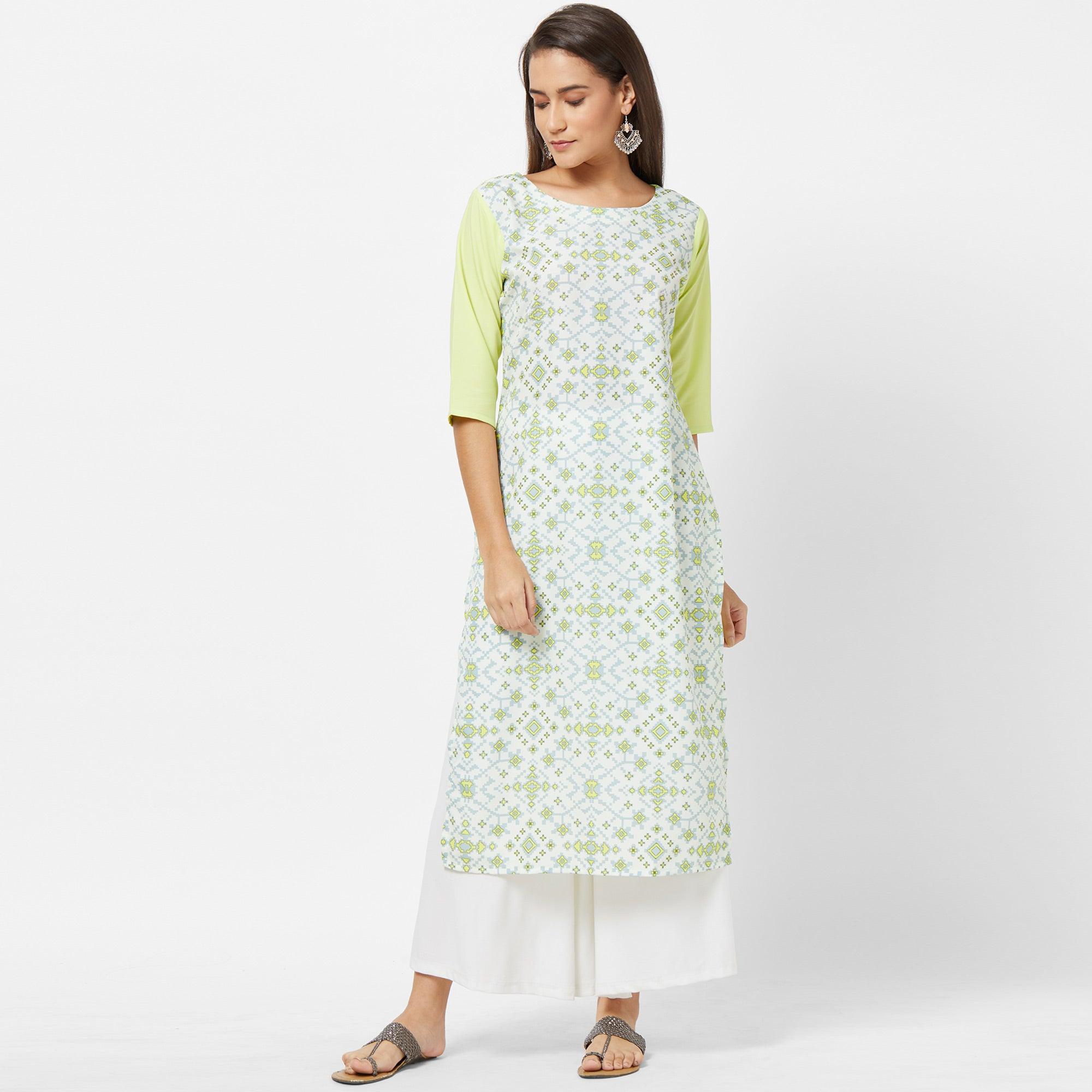 White Geometric Printed Crepe Kurti - Peachmode