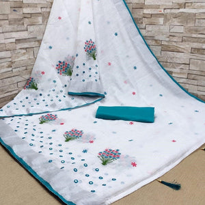 White - Green Casual Wear Floral Embroidered Linen Saree - Peachmode