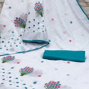 White - Green Casual Wear Floral Embroidered Linen Saree - Peachmode