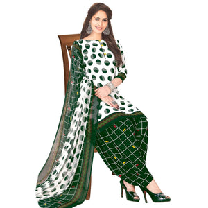 White - Green Casual Wear Printed Poly Crepe Patiala Dress Material - Peachmode
