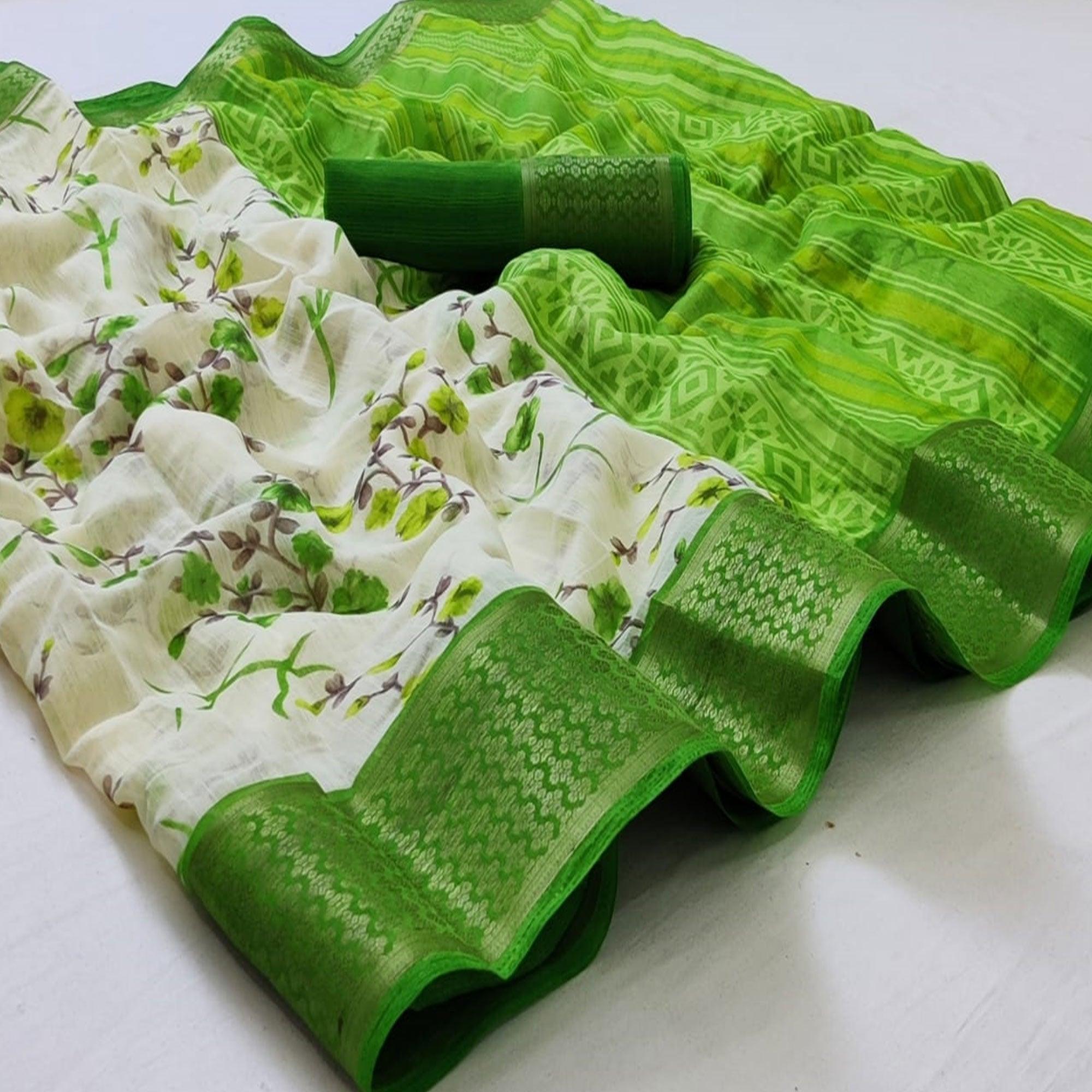 White-Green Festive Wear Floral Printed Woven Border Cotton Saree - Peachmode