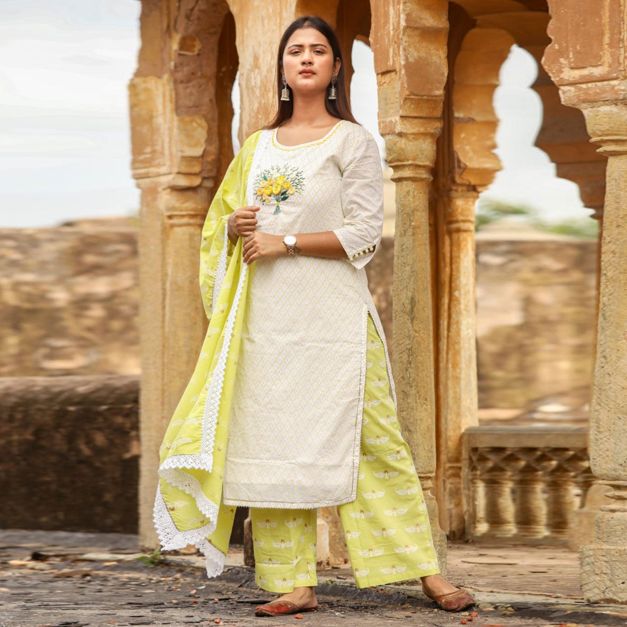 White-Green Partywear Floral Embroidered Cotton Kurti Pant Set With Dupatta - Peachmode