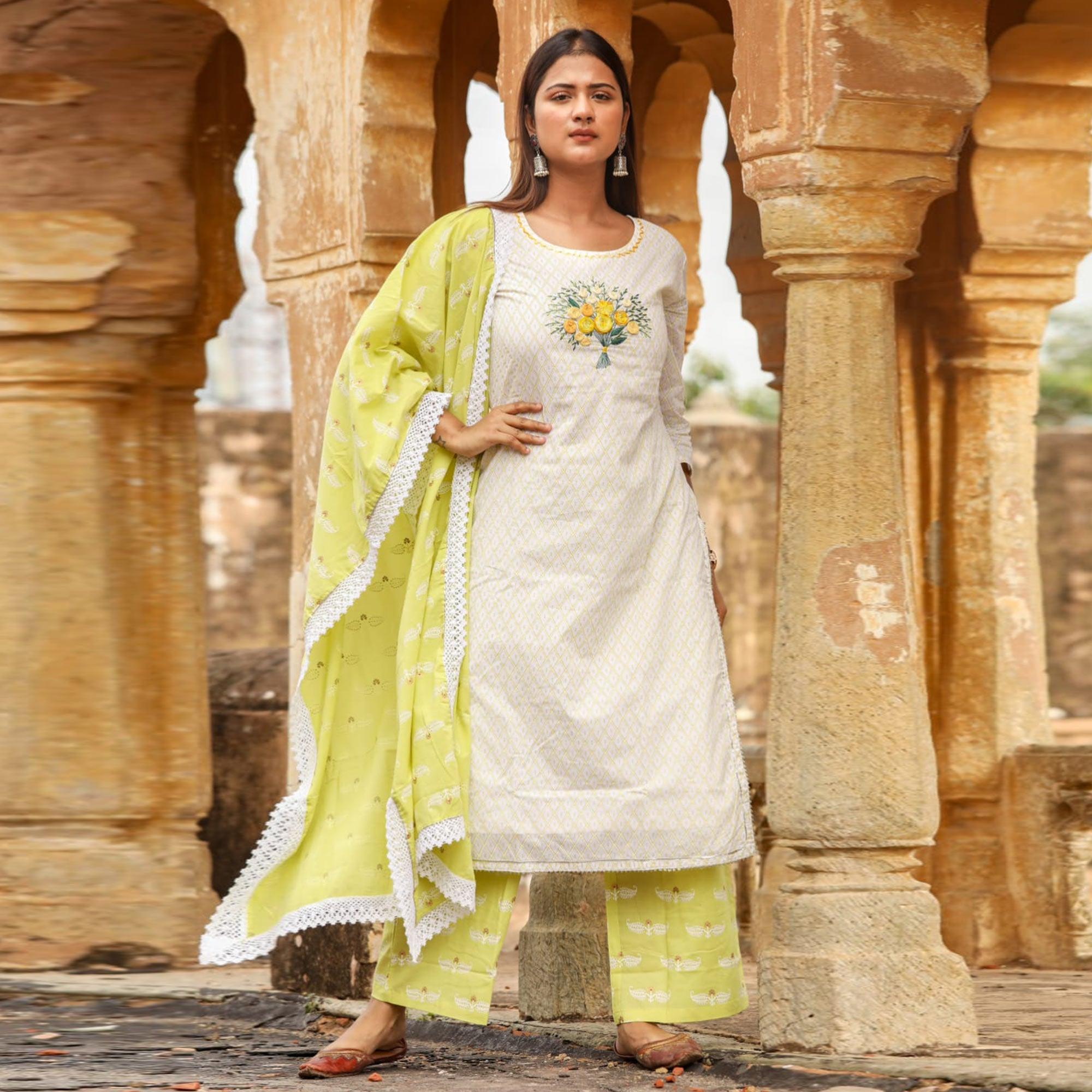 White-Green Partywear Floral Embroidered Cotton Kurti Pant Set With Dupatta - Peachmode