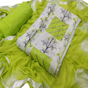 White - Green Printed Poly Cotton Dress Material - Peachmode