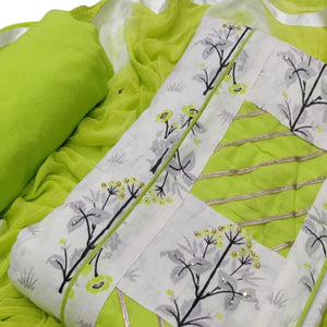 White - Green Printed Poly Cotton Dress Material - Peachmode