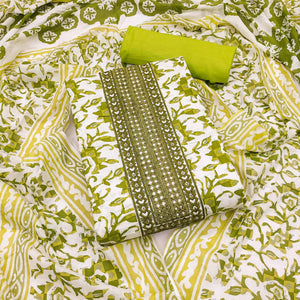 White-Green Printed With Embroidered Cotton Blend Dress Material - Peachmode