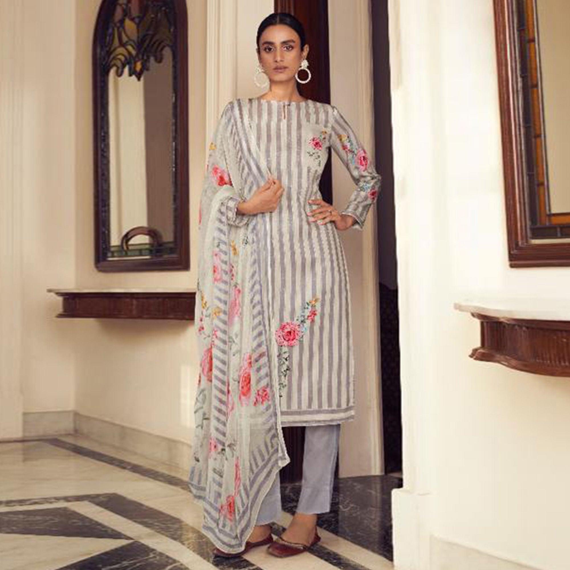 White-Grey Floral Digital Printed With Handwork Cambric Cotton Partywear Suit - Peachmode