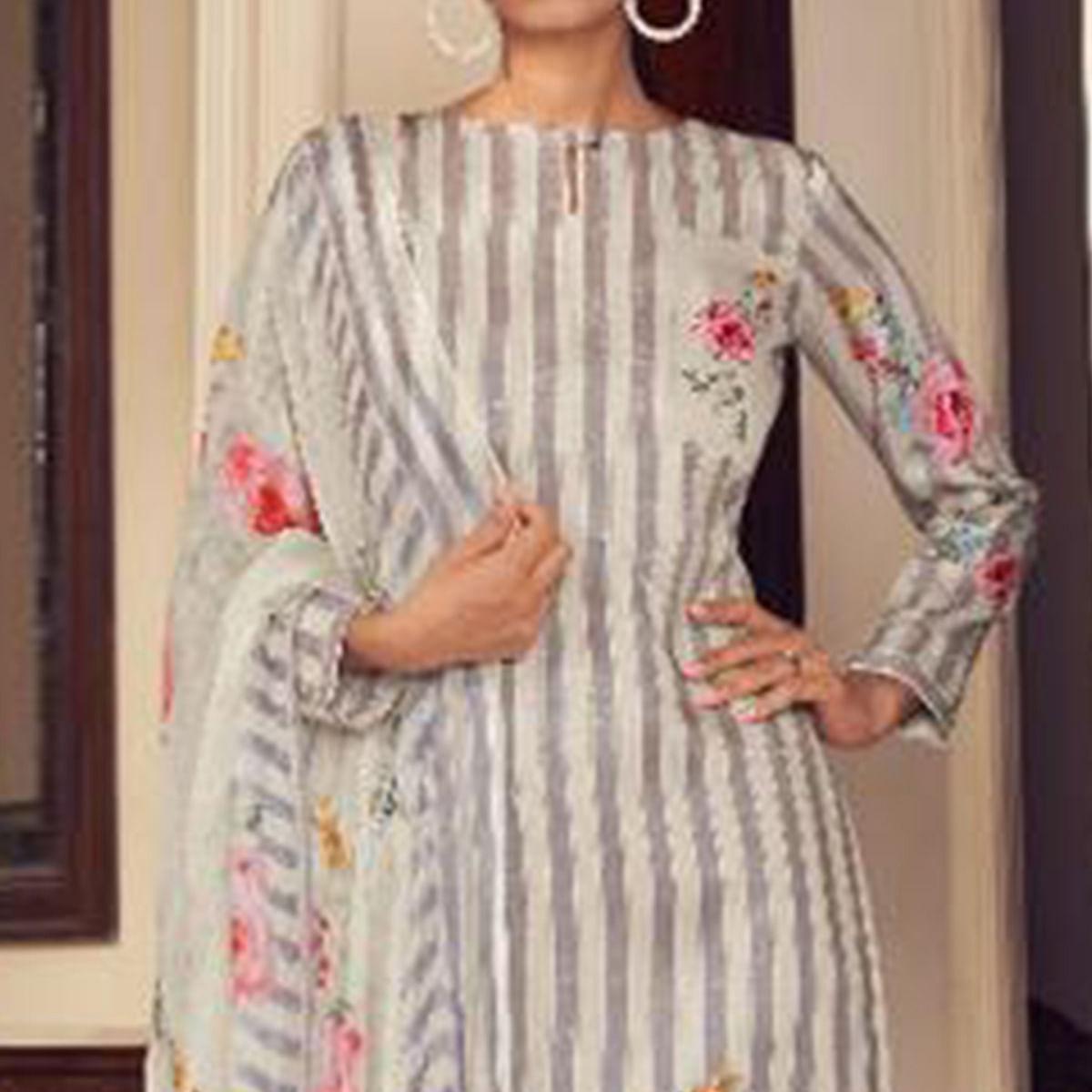 White-Grey Floral Digital Printed With Handwork Cambric Cotton Partywear Suit - Peachmode