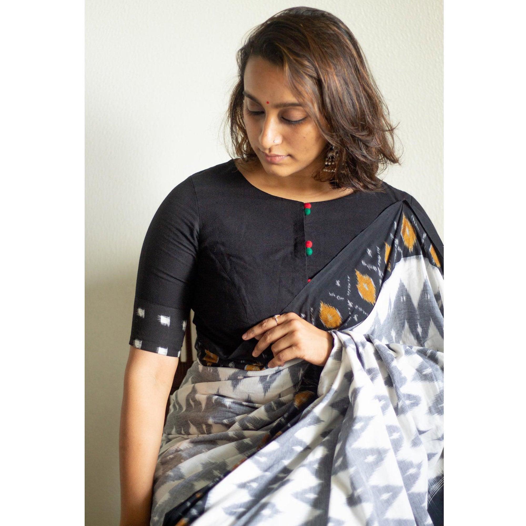White-Grey Ikkat Printed Linen Saree - Peachmode