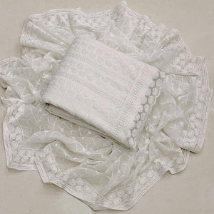 White Lucknowi Embroidered Georgette Dress Material - Peachmode