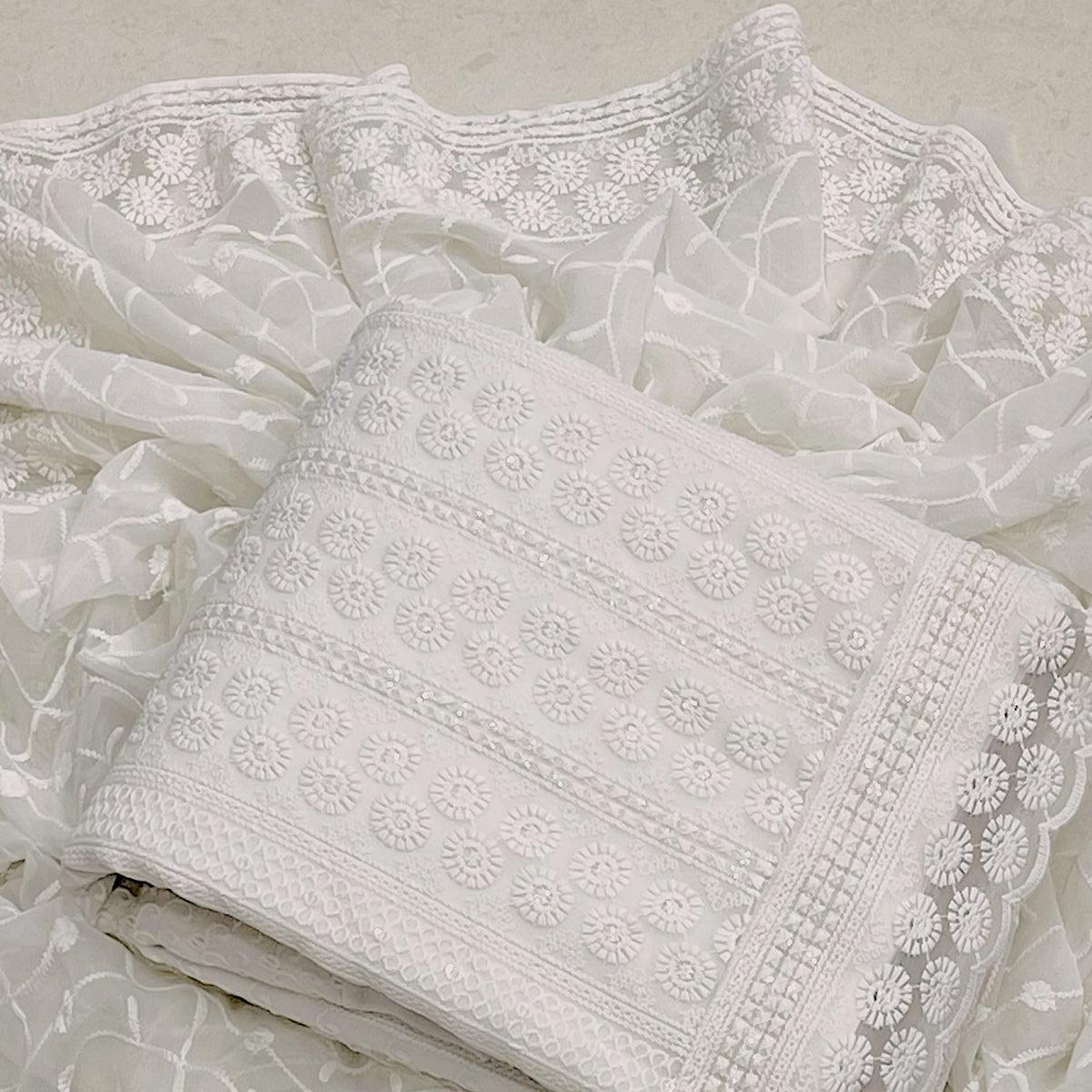 White Lucknowi Embroidered Georgette Dress Material - Peachmode