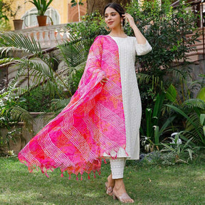 White Lucknowi Embroidered Pure Cotton Kurti Pant Set With Dupatta - Peachmode