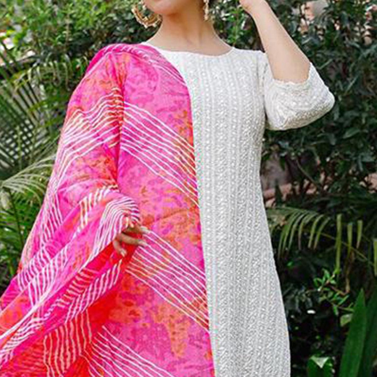 White Lucknowi Embroidered Pure Cotton Kurti Pant Set With Dupatta - Peachmode