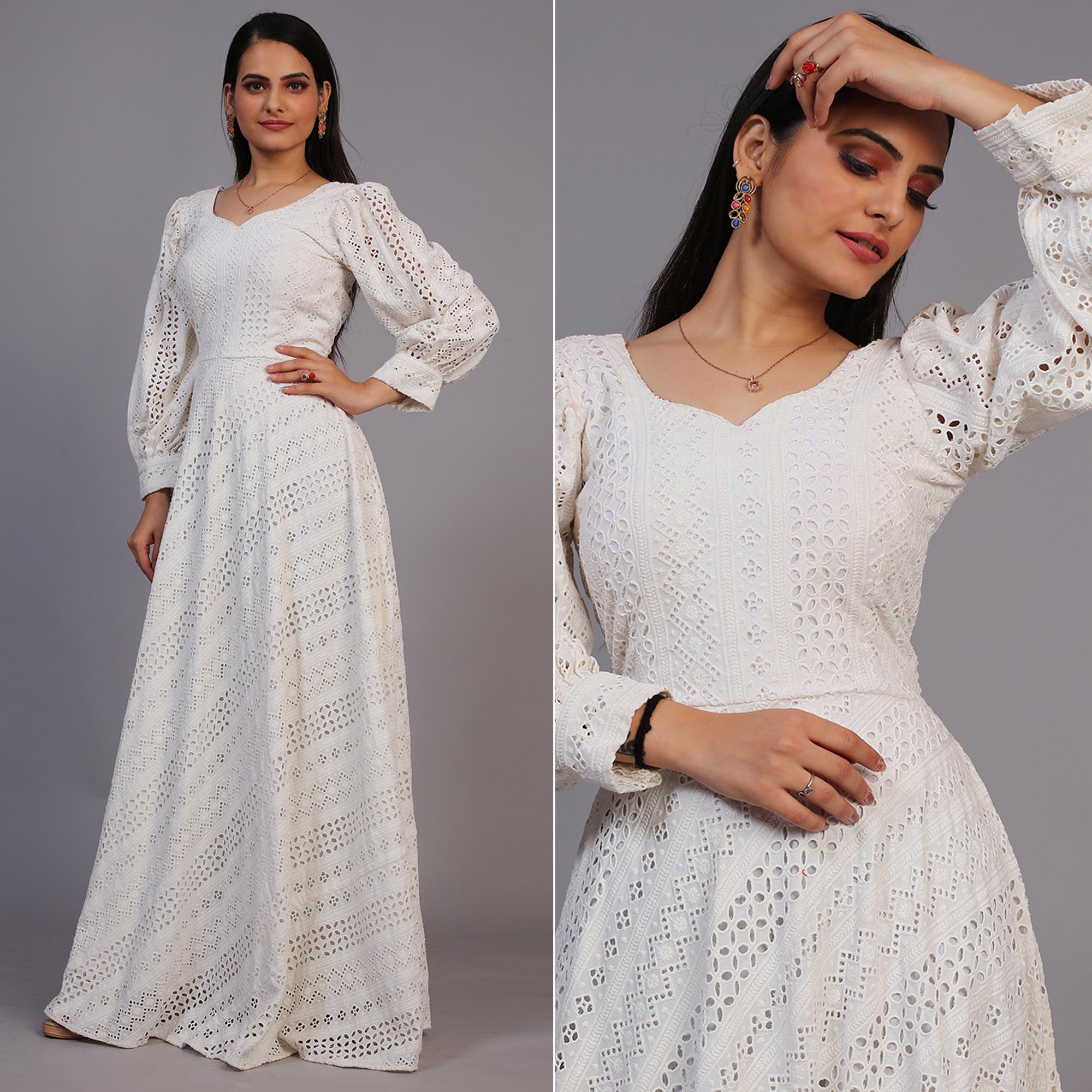 White Lucknowi Embroidered Rayon Gown - Peachmode