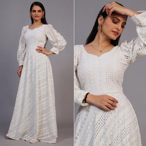 White Lucknowi Embroidered Rayon Gown - Peachmode