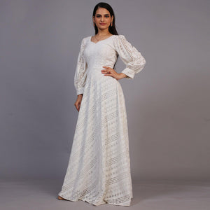 White Lucknowi Embroidered Rayon Gown - Peachmode