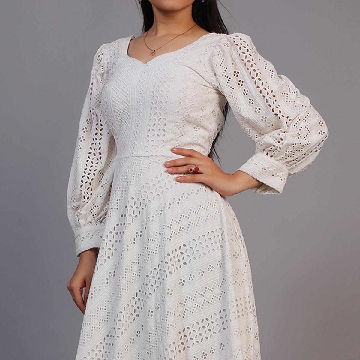 White Lucknowi Embroidered Rayon Gown - Peachmode