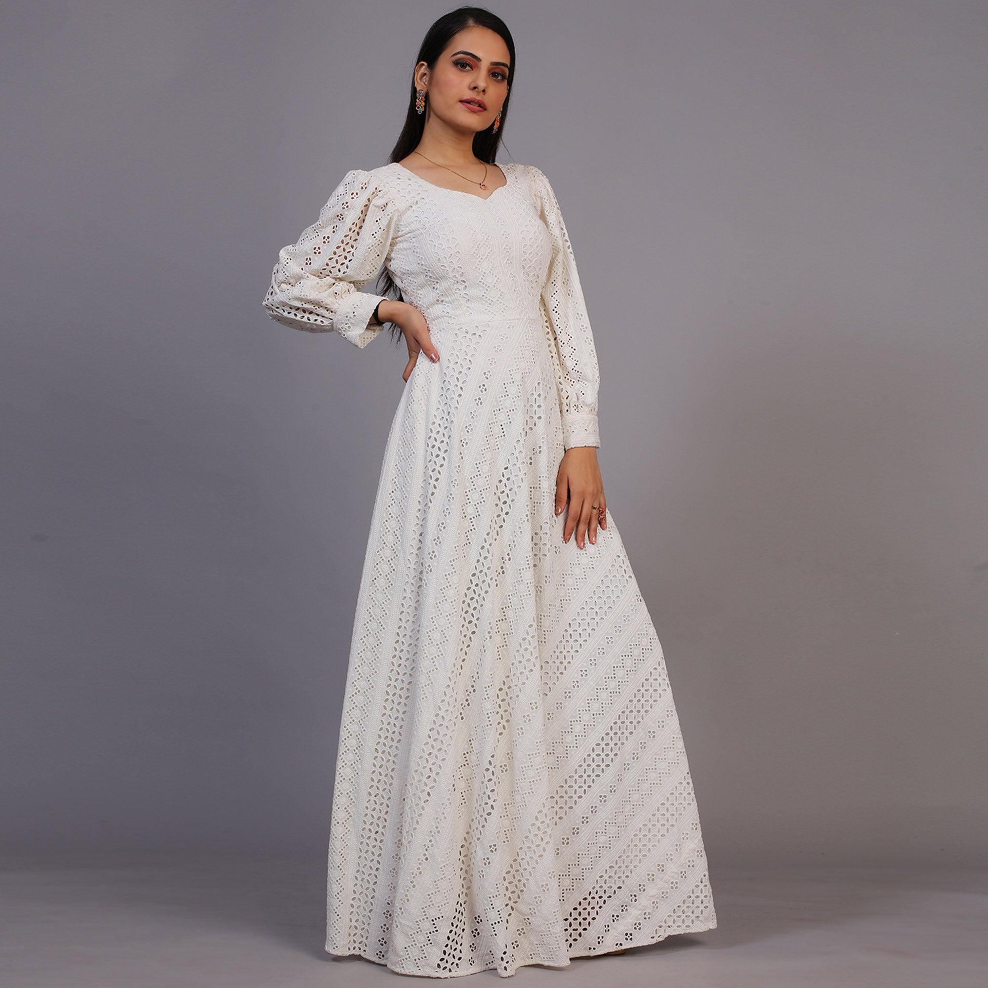 White Lucknowi Embroidered Rayon Gown - Peachmode
