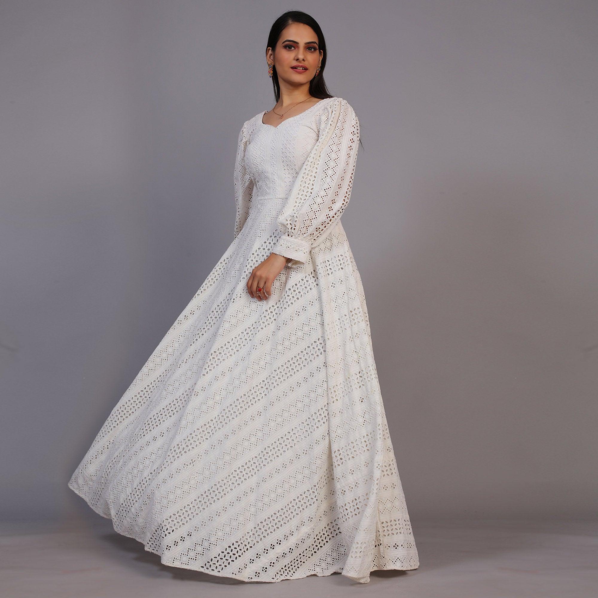 White Lucknowi Embroidered Rayon Gown - Peachmode