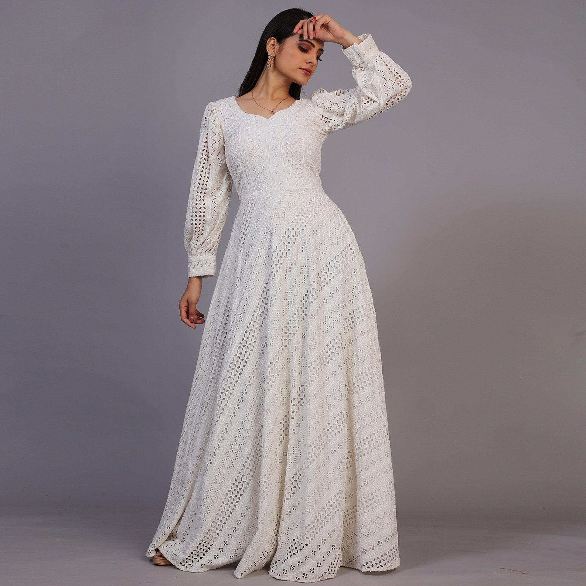White Lucknowi Embroidered Rayon Gown - Peachmode