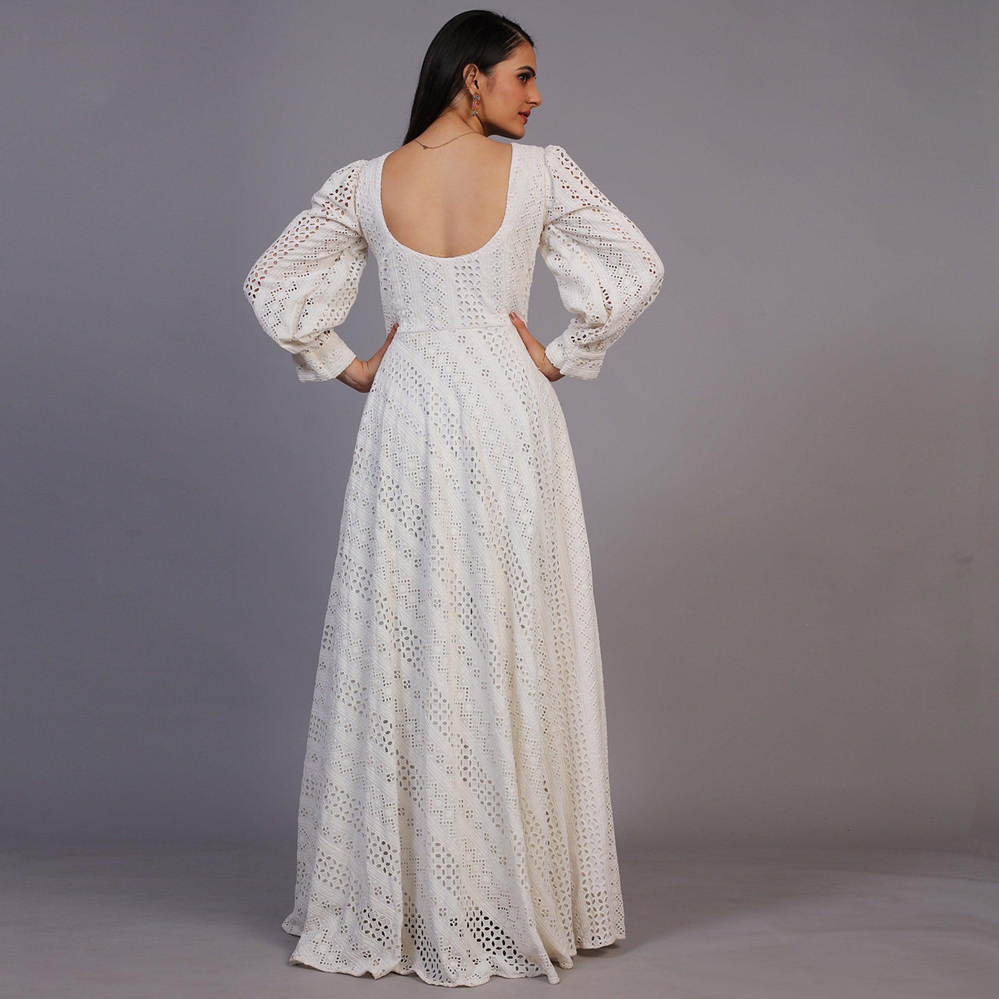 White Lucknowi Embroidered Rayon Gown - Peachmode