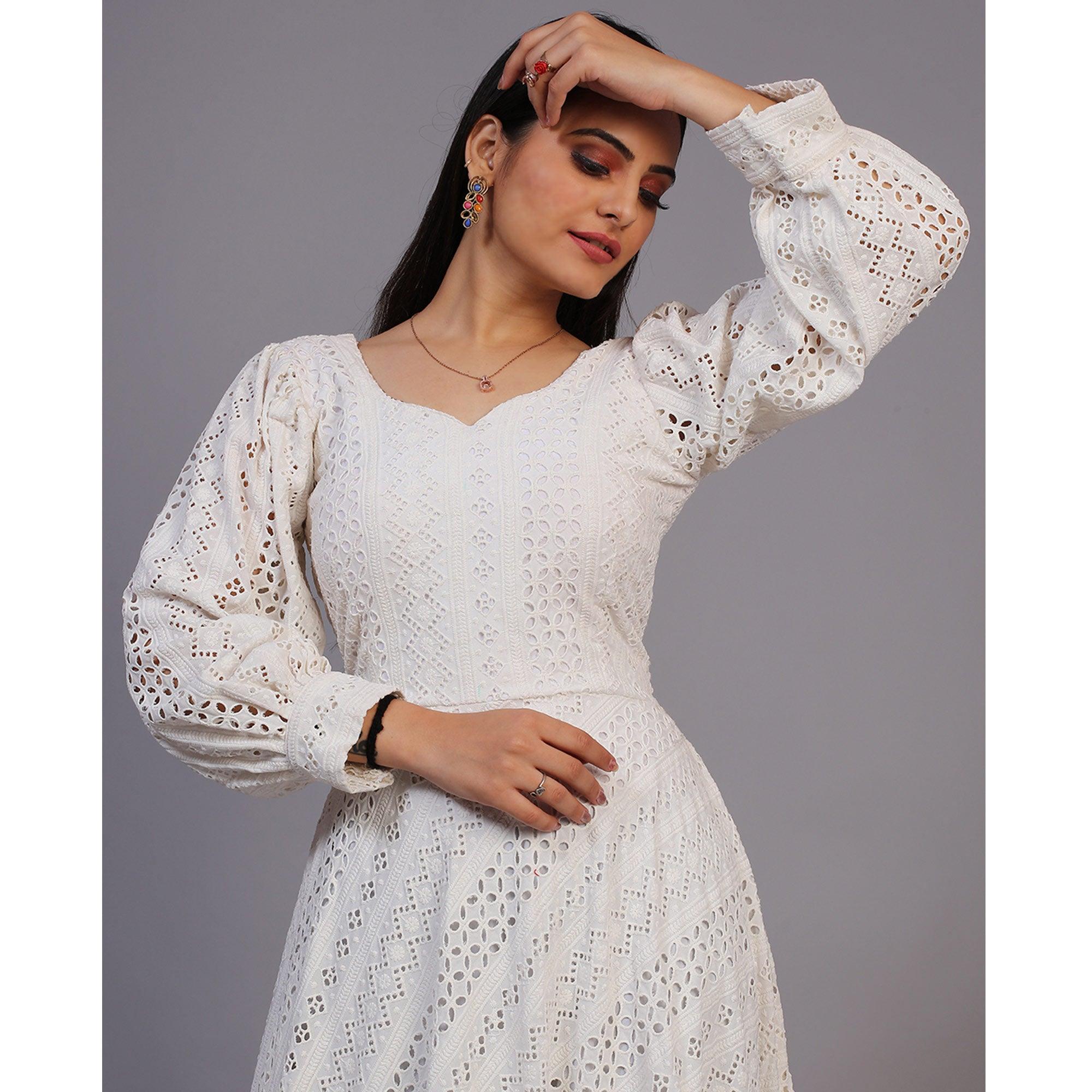 White Lucknowi Embroidered Rayon Gown - Peachmode