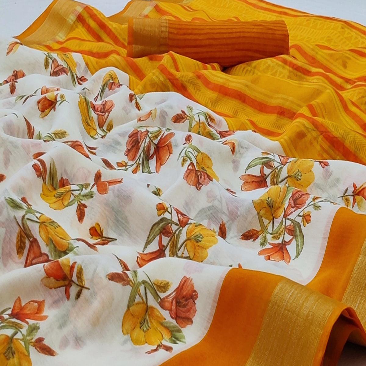 White-Mustard Yellow Casual Wear Floral Mill Printed Cotton Saree With Zari Border - Peachmode