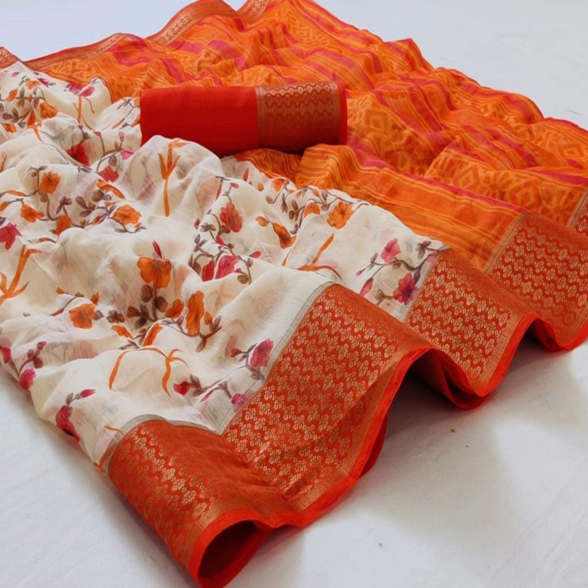 White-Orange Festive Wear Floral Printed Woven Border Cotton Saree - Peachmode