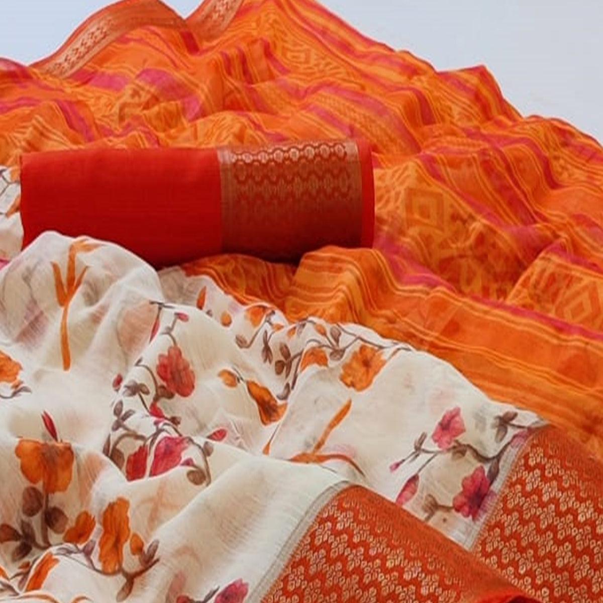 White-Orange Festive Wear Floral Printed Woven Border Cotton Saree - Peachmode