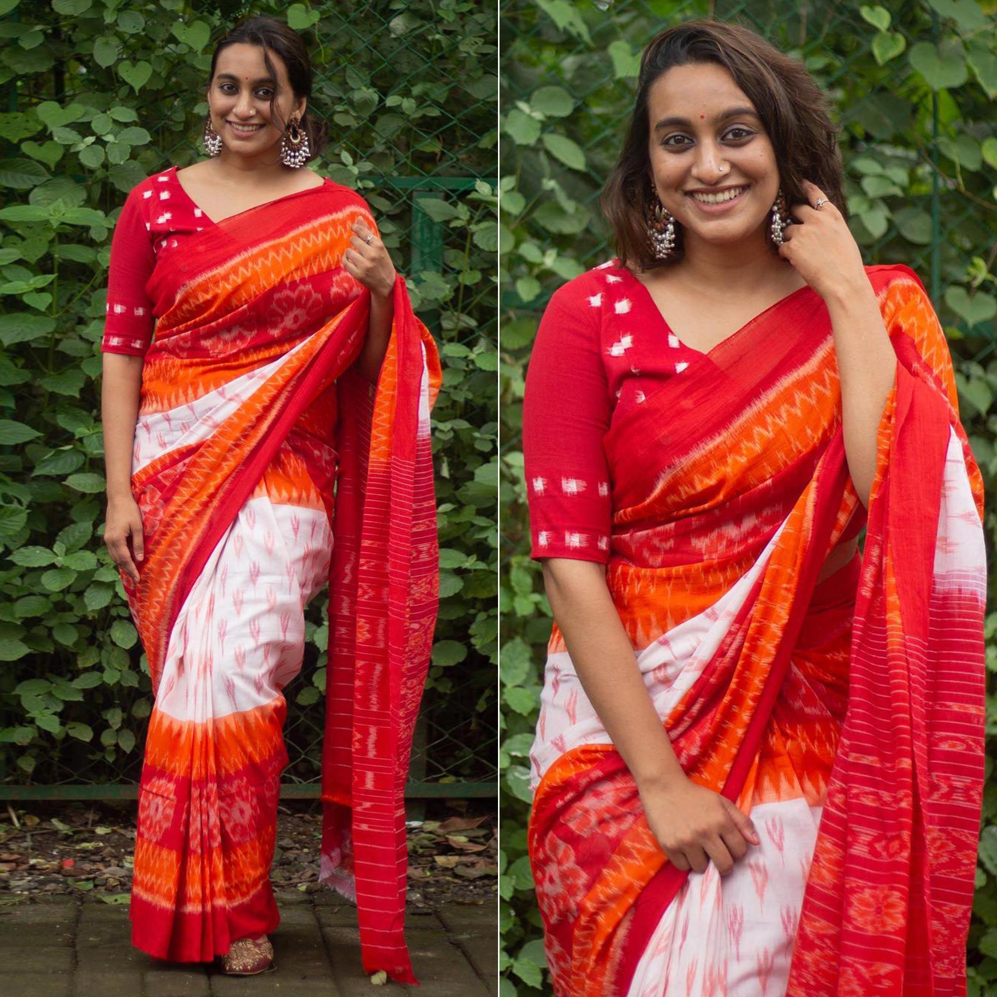 White-Orange Ikkat Printed Linen Saree - Peachmode