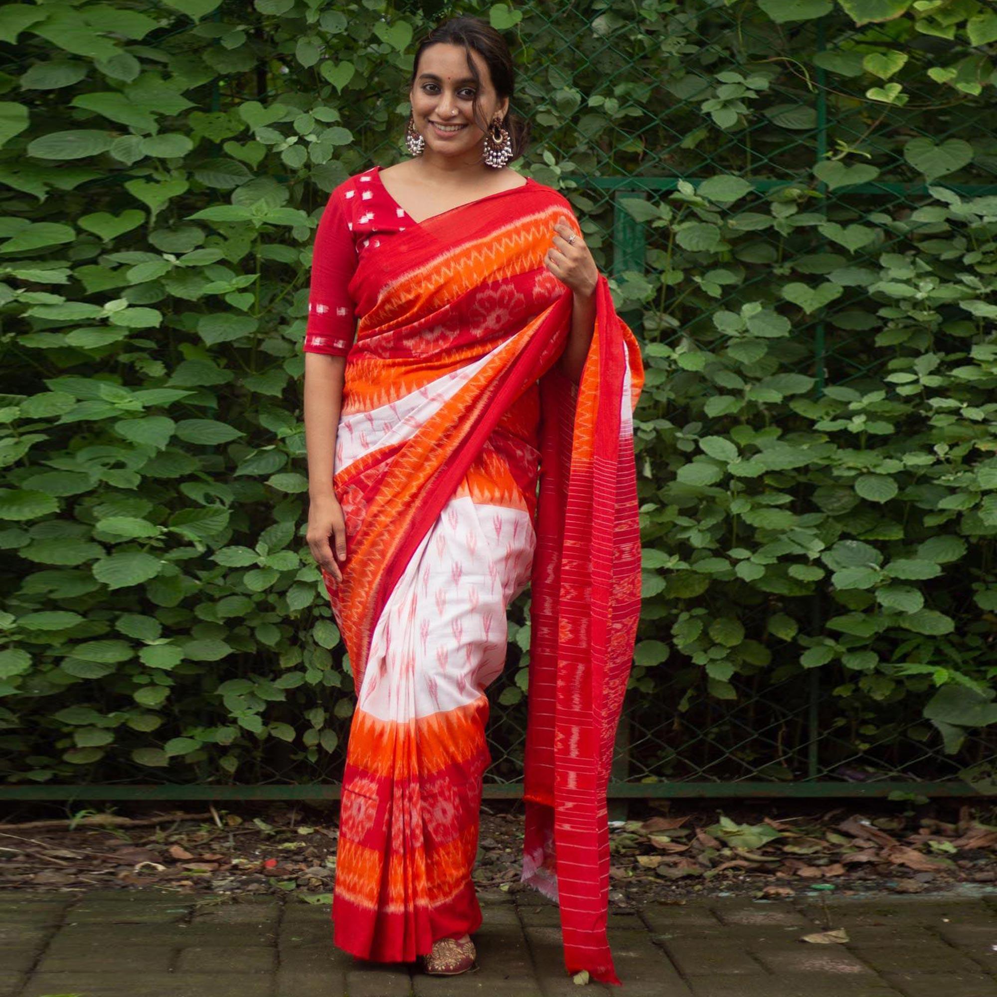 White-Orange Ikkat Printed Linen Saree - Peachmode