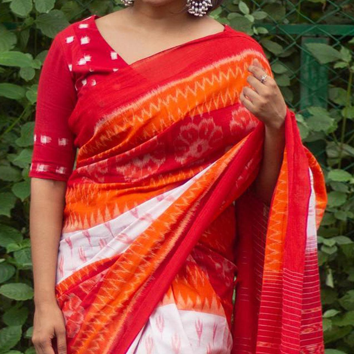 White-Orange Ikkat Printed Linen Saree - Peachmode