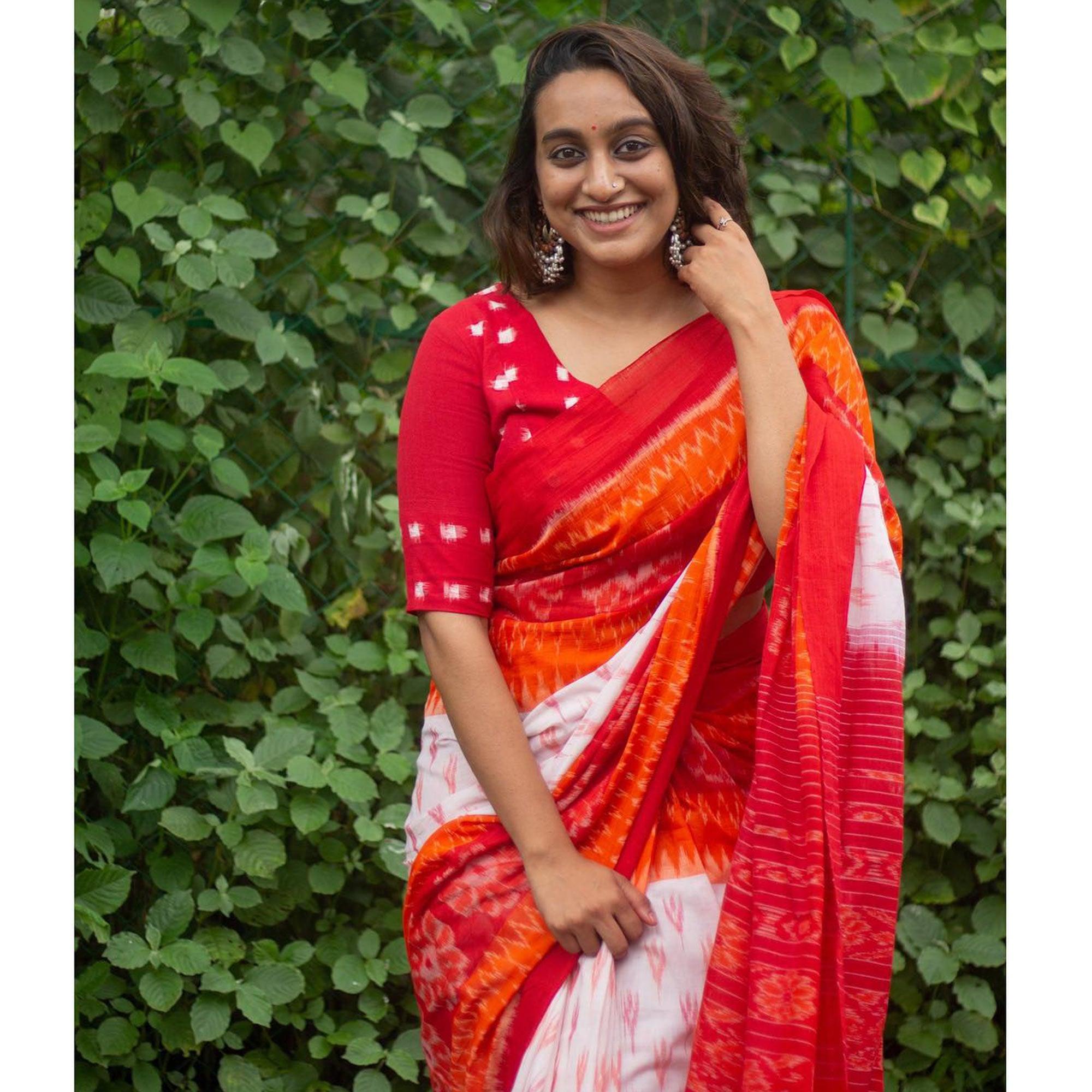 White-Orange Ikkat Printed Linen Saree - Peachmode