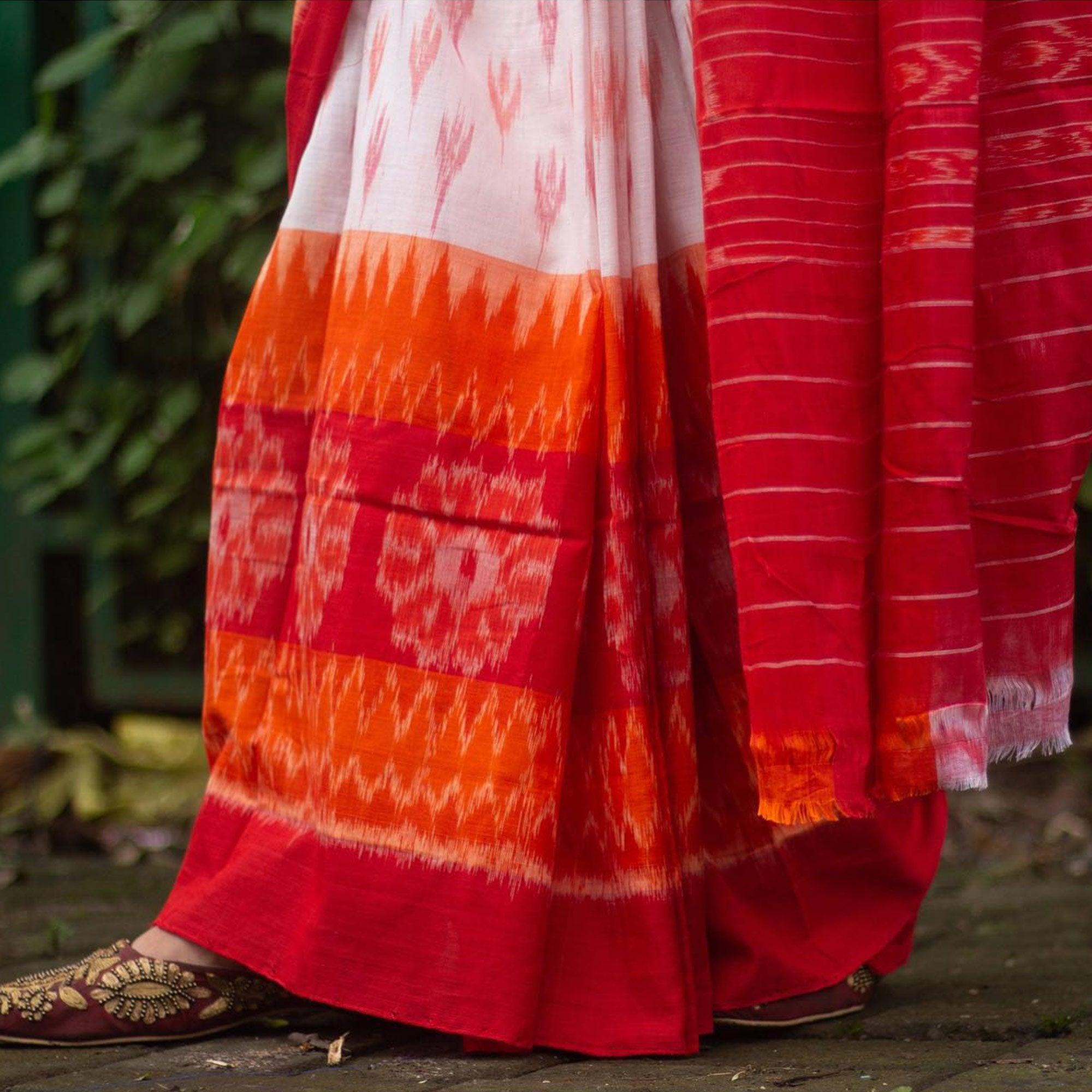 White-Orange Ikkat Printed Linen Saree - Peachmode
