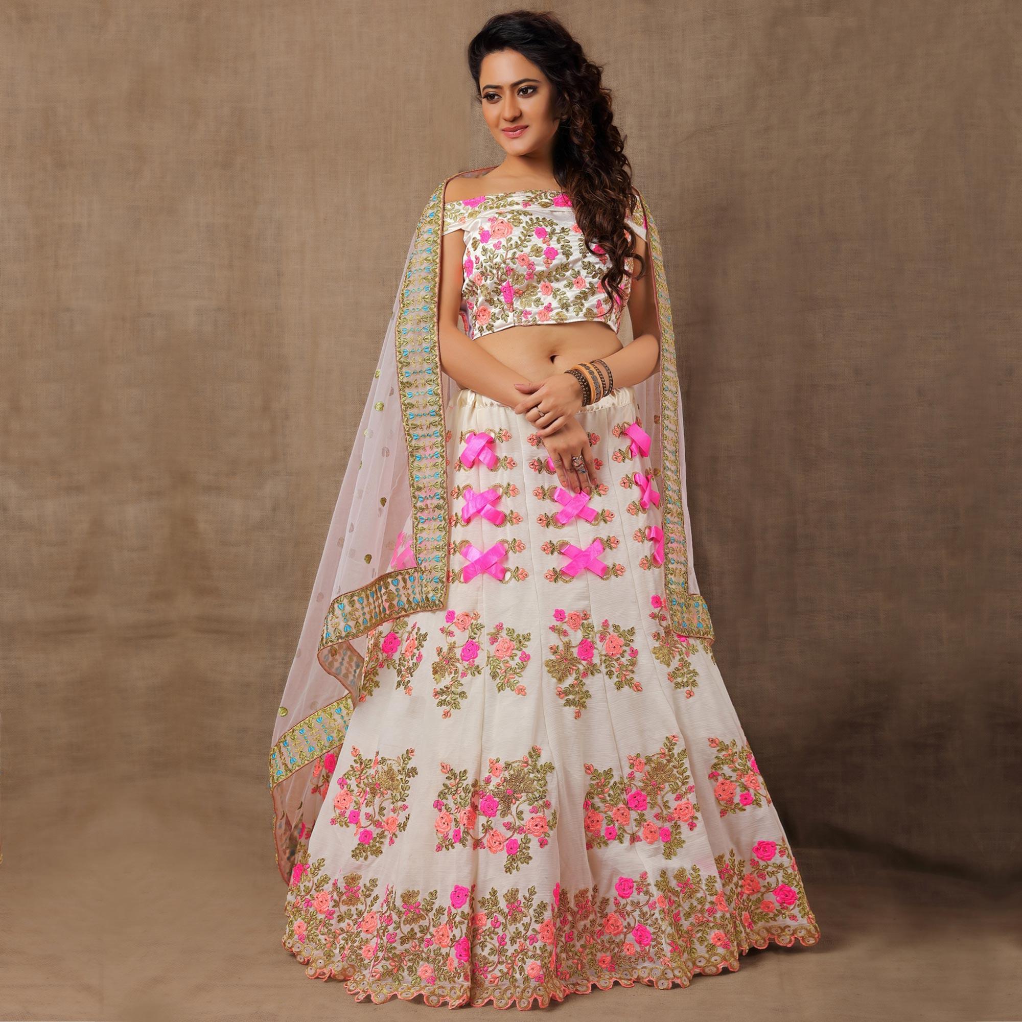 White Party Wear Embroidered Silk Lehenga Choli - Peachmode