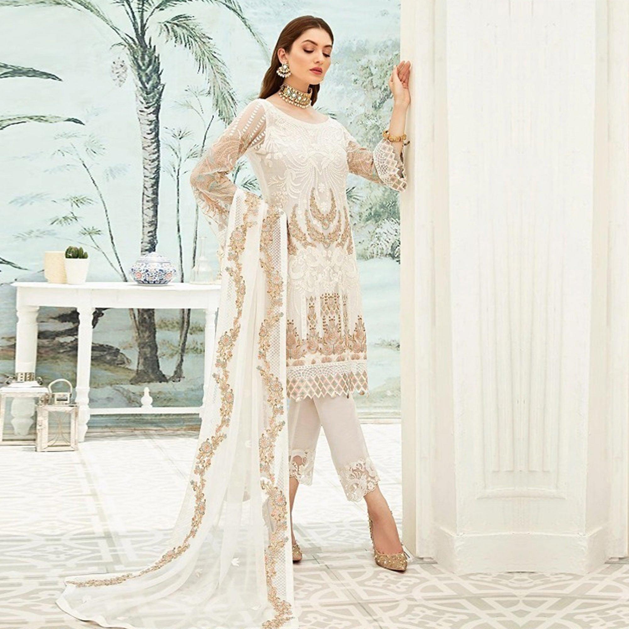 White Party Wear Floral Embroidered Georgette Straight Salwar Suit - Peachmode
