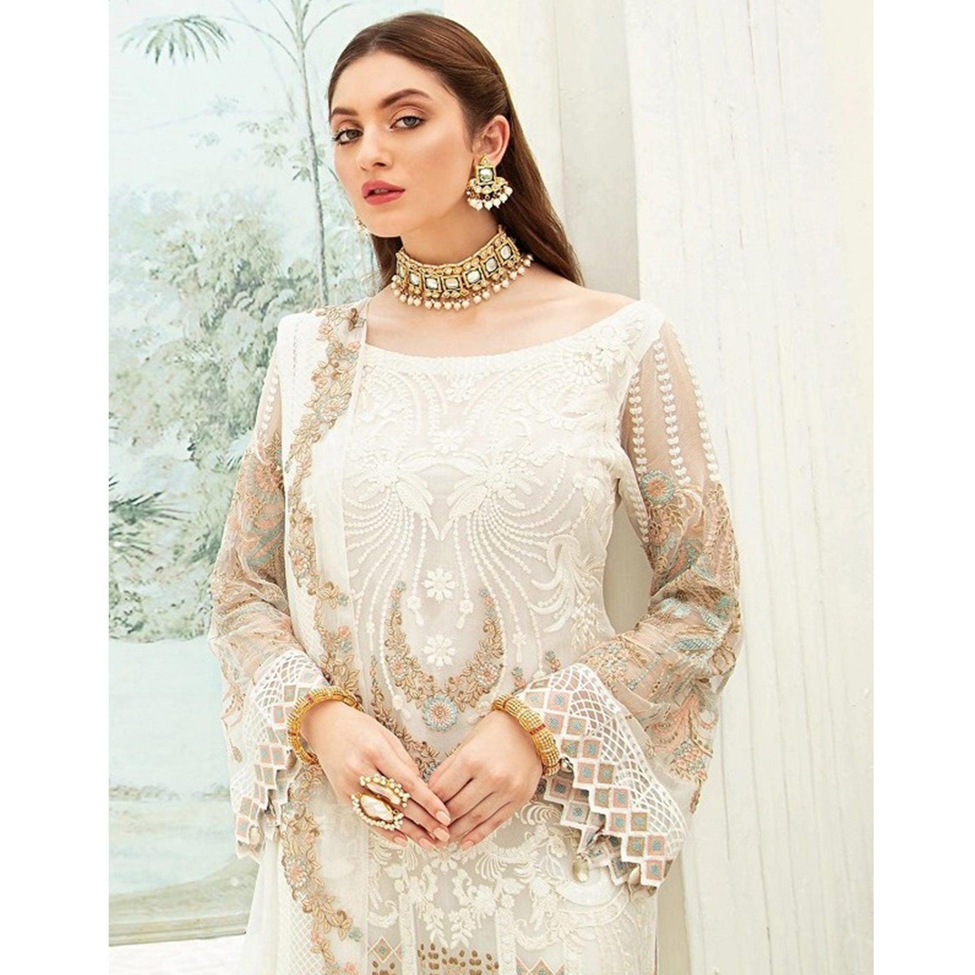 White Party Wear Floral Embroidered Georgette Straight Salwar Suit - Peachmode