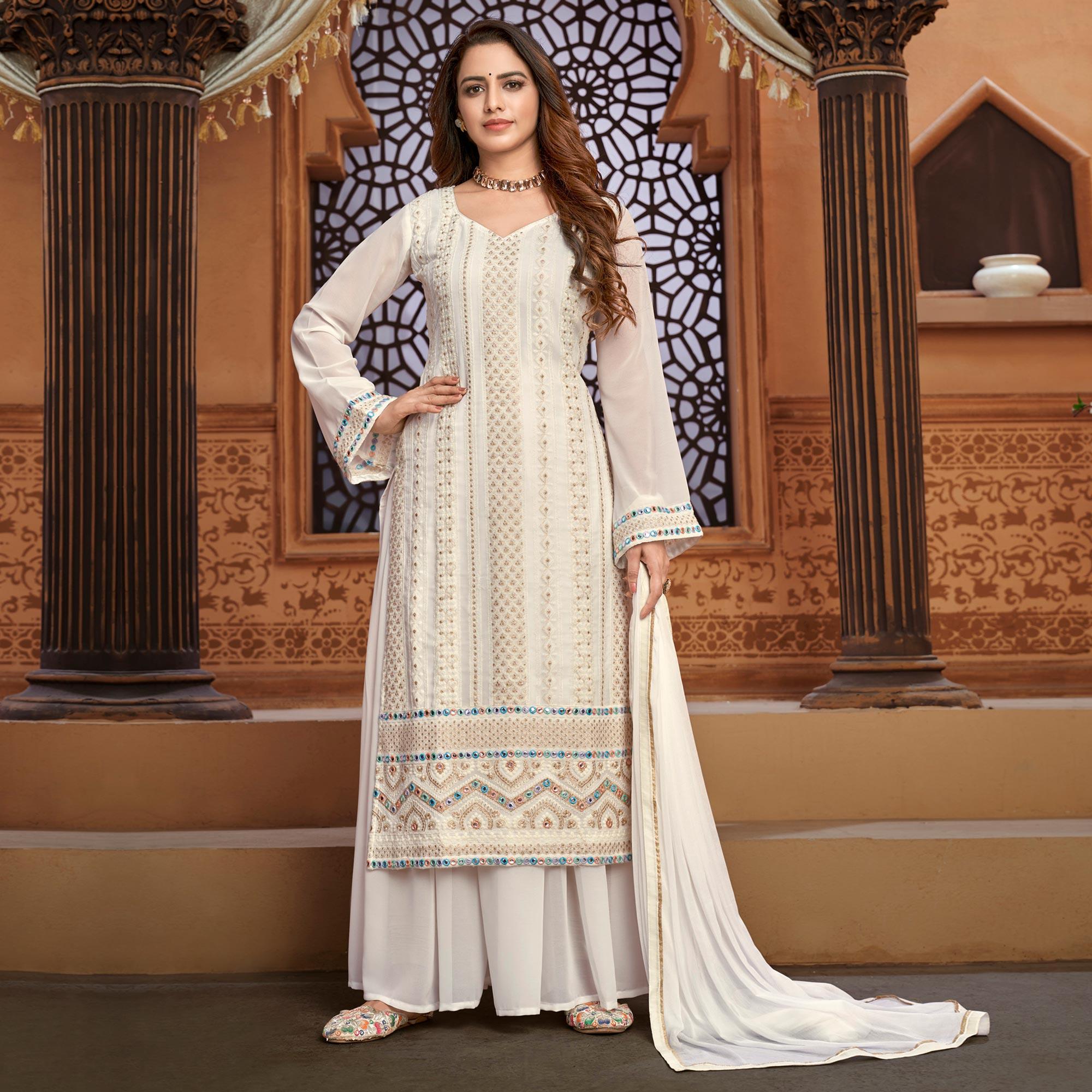 White Partywear Designer Embroidered Heavy Faux Georgette Palazzo Suit - Peachmode