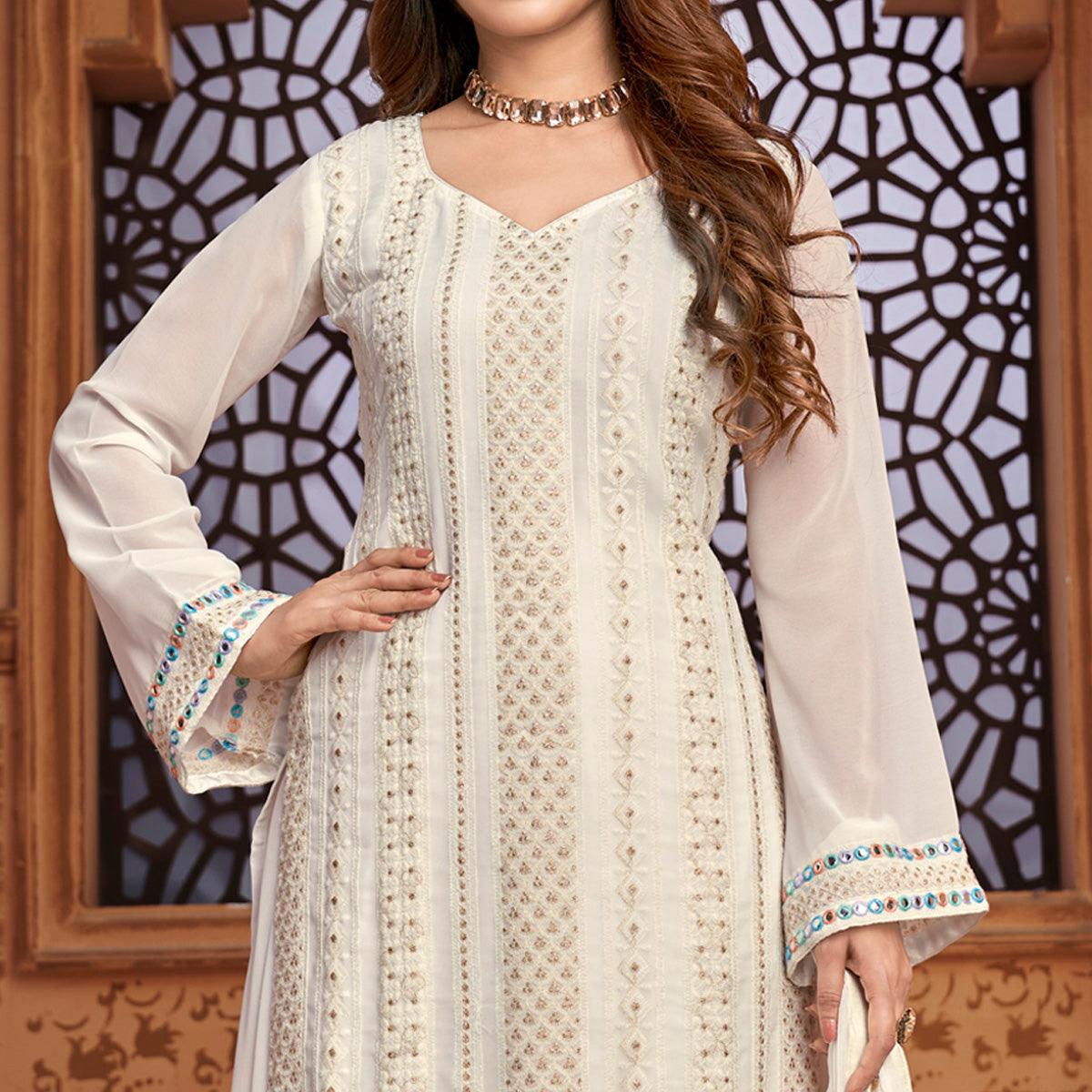 White Partywear Designer Embroidered Heavy Faux Georgette Palazzo Suit - Peachmode