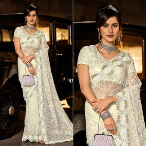White Partywear Embroidered Embellished Net Saree - Peachmode